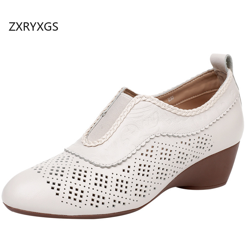 Women Shoes Size 4 In Cm - ZXRYXGS Cowhideชั้นบนสุดHollowฤดูใบไม้ผลิฤดูร้อนWedgesรองเท้าแตะส้นกลาง 2025 Elegantสบายรองเท้าหนังผู้หญิงขนาดใหญ่ขนาด