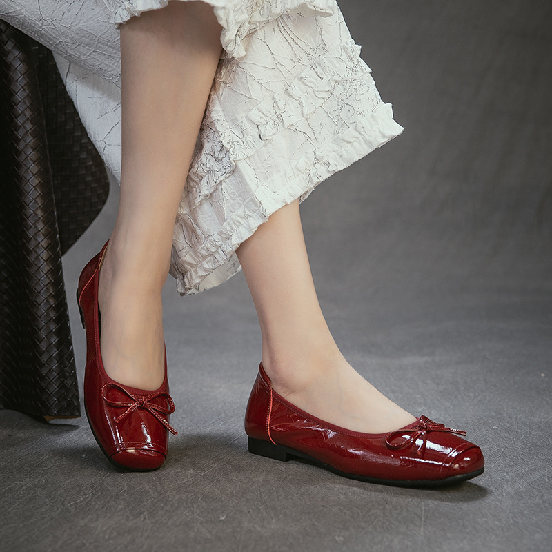 Women Shoes Japanese Brand - รองเท้าส้นเตี้ยหัวมนหนังแท้ ประดับโบว์ผีเสื้อ สำหรับฤดูใบไม้ผลิ ฤดูร้อน ฤดูใบไม้ร่วง เหมาะสำหรับออกเดท