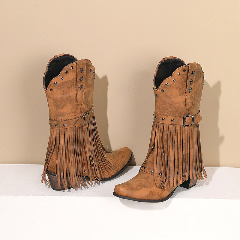 Western Cowgirl Boot - ผู้หญิงวินเทจชาติพันธุ์ Western คาวบอย Rivets 5 ซม.ส้น