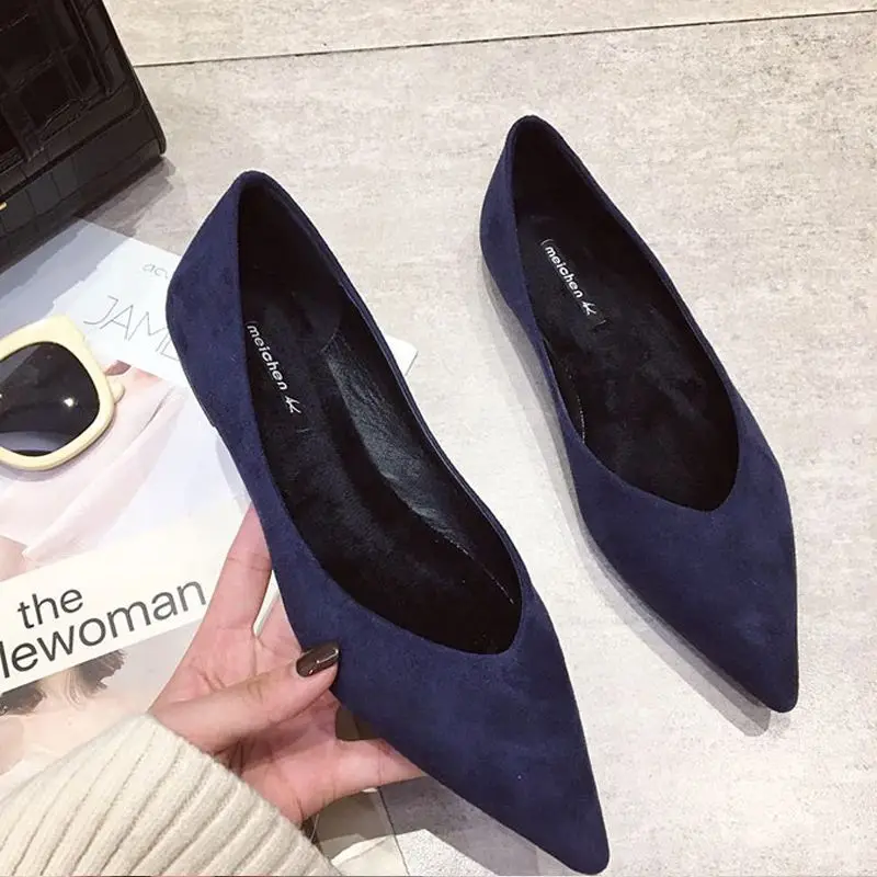 Women Shoes Quick Delivery - รองเท้าผู้หญิงส้นเตี้ยหัวแหลมรองเท้าทำงานสีน้ำเงินเข้ม, รองเท้าผู้หญิงพื้นตื้นแบรนด์หรูกันลื่นอายุ39ส่งเร็ว