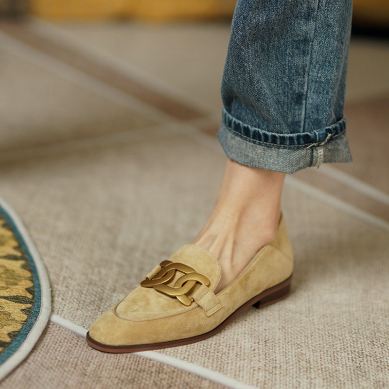 Women Shoes Heels - หนังนิ่มหนังผู้หญิง Loafers ฤดูใบไม้ผลิ/ฤดูใบไม้ร่วงรองเท้าส้นสูงผู้หญิงรองเท้ารอบ Toe Chunky ส้นปั๊มโลหะหัวเข็มขัดรองเท้าสำหรับสตรี