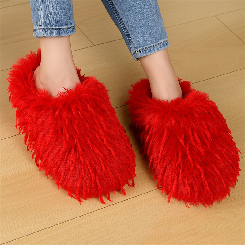 Women Shoes Mules - รองเท้าแตะผู้หญิงสำหรับฤดูหนาว รองเท้าแตะขนเฟอร์เทียมนุ่มฟู ใส่สบาย อบอุ่น เหมาะสำหรับใส่ในบ้าน รองเท้าแตะแบบมูลส์