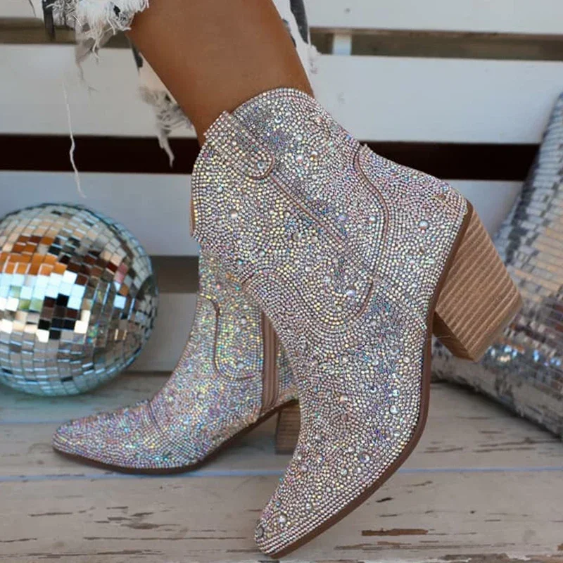 Western Cowgirl Boot - Western คาวบอยรองเท้าแฟชั่นผู้หญิงข้อเท้ารองเท้า Glitter Bling เงาแนวโน้มรองเท้าส้นสูงรองเท้าคุณภาพสูง