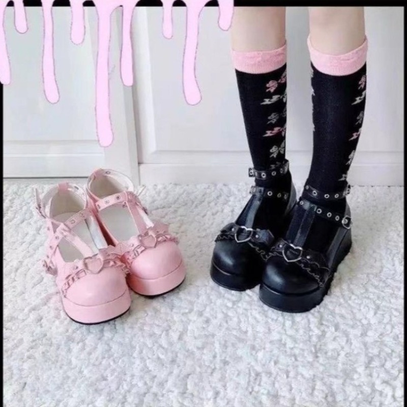 Women Shoes Japanese Brand - รองเท้าส้นตึกแบรนด์ใหม่สำหรับเด็กผู้หญิงมีหัวเข็มขัดรูปหัวใจสีชมพูน่ารักโลลิต้ารองเท้าญี่ปุ่นสำหรับผู้หญิงส้นรองเท้าแพลตฟอร์ม