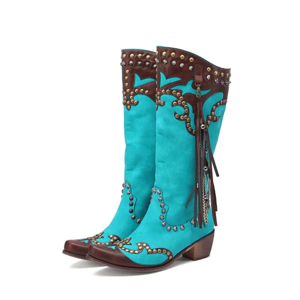 Western Cowgirl Boot - รองเท้าบูทสูงถึงเข่า ผู้หญิง แบรนด์ดีไซเนอร์ หรูหรา หัวแหลม ซิปด้านใน