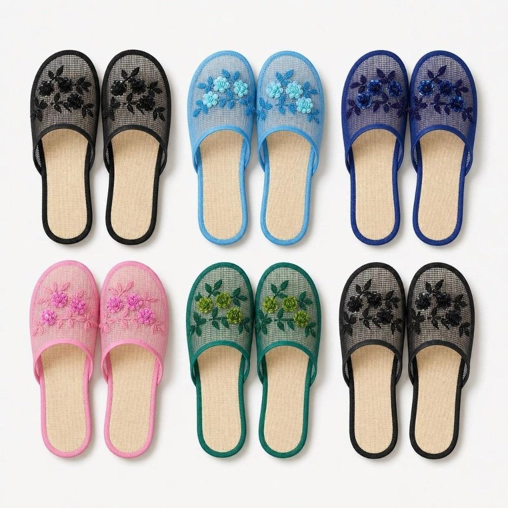 Mule Slip On - รองเท้าแตะตาข่ายปักลายดอกไม้แบบสบาย ๆ พื้นนุ่ม ระบายอากาศได้ดี รองเท้าแตะแบบสวมปิดหัวเท้ากันลื่นสำหรับผู้หญิง