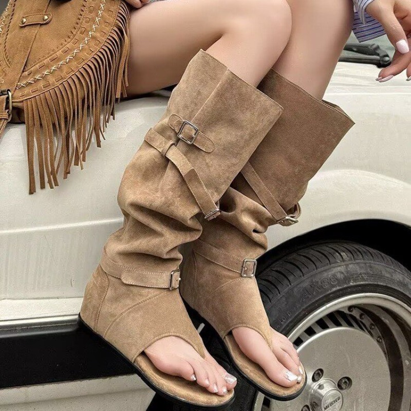 Western Cowgirl Boot - รองเท้าบูทคาวบอยแบบยาวพับได้สำหรับฤดูร้อน รองเท้าแตะแบบสวมสำหรับผู้หญิง พื้นยาง รองเท้าผู้หญิงจากจีนแผ่นดินใหญ่