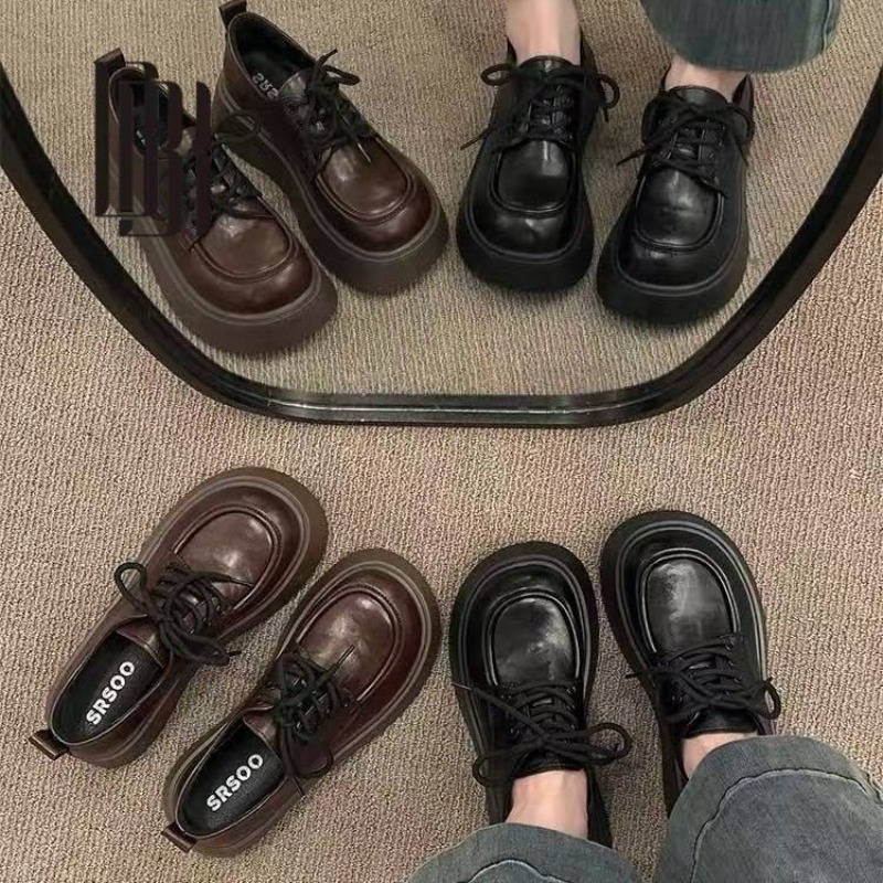 Women Shoes Heels - รองเท้าผู้หญิงสไตล์วินเทจสีน้ำตาลแบบผูกเชือก พื้นหนาทรงอ็อกซ์ฟอร์ด หัวกลม พื้นหนา สไตล์ JK