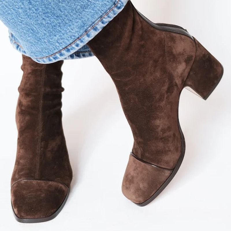 Western Cowgirl Boot - รองเท้าบูทหนังกลับสำหรับผู้หญิง หัวแหลม มีซิป รองเท้าบูทคาวบอยสไตล์ตะวันตก รองเท้าบูทข้อเท้าส้นหนา รองเท้าบูททำงาน