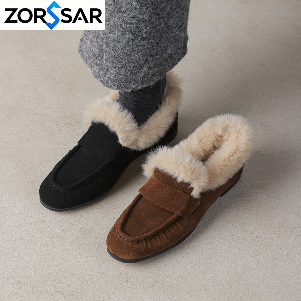 Women Shoes Japanese Brand - รองเท้าหนังหมูบุขนสัตว์สำหรับผู้หญิง รุ่นหรูหรา 2026 รองเท้าผ้าฝ้ายสำหรับฤดูหนาว รองเท้าสลิปออนอุ่นสบายสำหรับเดิน รองเท้าโลฟเฟอร์บุขน