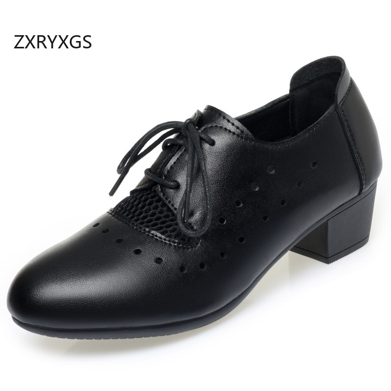 Women Shoes Size 4 In Cm - ZXRYXG 2025 ฤดูใบไม้ผลิฤดูร้อนของแท้หนังตาข่าย Hollow Breathable รองเท้าส้นสูงกลางขนาดใหญ่สบาย