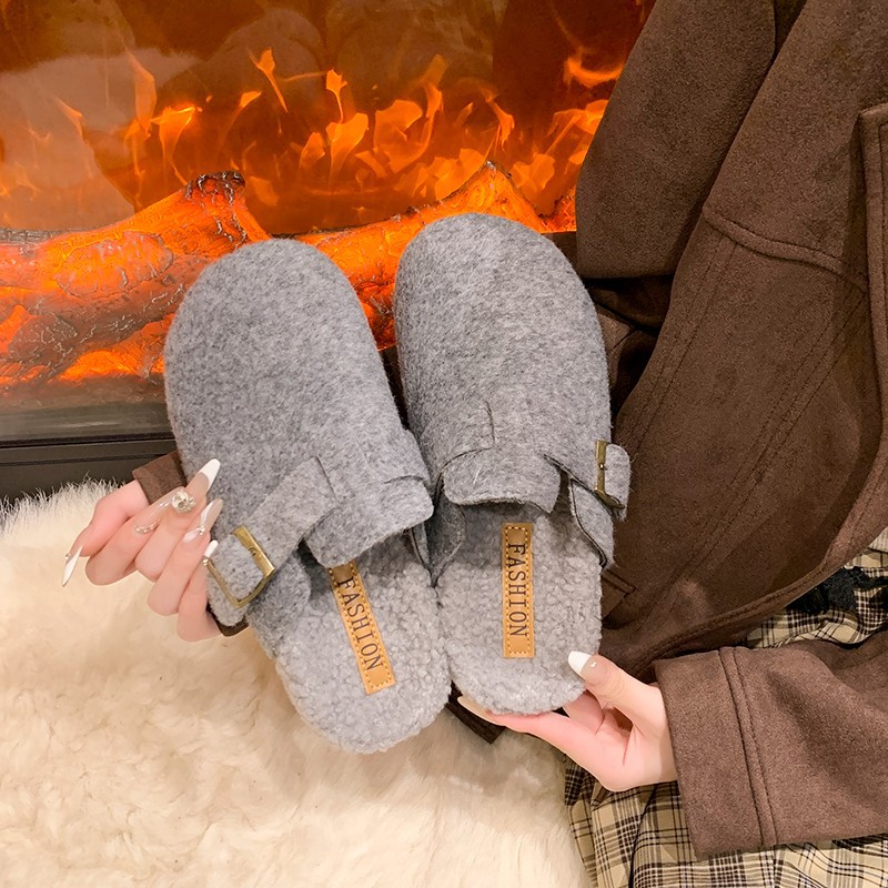 Women Shoes Mules - รองเท้าแตะแบบสวมสำหรับผู้หญิง ฤดูหนาว ปี 2025 แฟชั่นผ้าสักหลาด หนังกลับ