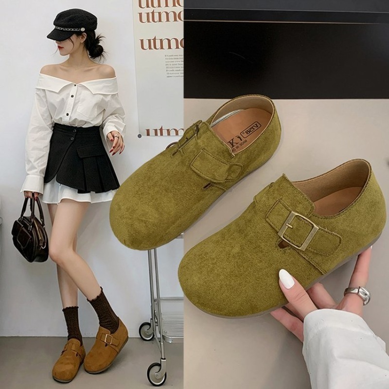Women Shoes Formal - รองเท้าบิร์เคนสำหรับผู้หญิง หนังกลับ ปิดส้น หัวเหลี่ยม หัวกลม หัวเข็มขัดโลหะ