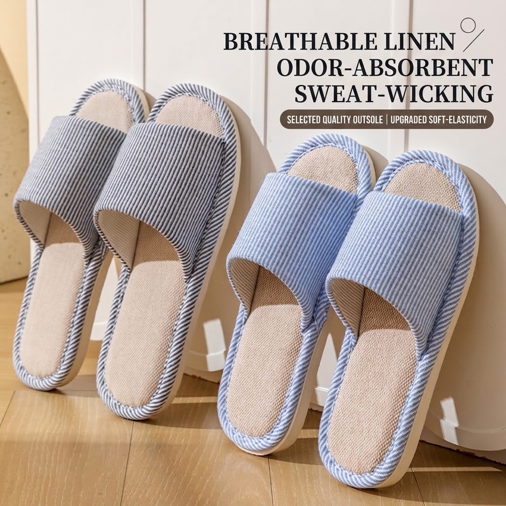 Women Shoes On Sale - รองเท้าแตะผ้าลินินระบายอากาศสำหรับผู้หญิงและผู้ชาย ลายทาง เปิดหัวเท้า รองเท้าใส่ในบ้าน พื้นนุ่มกันลื่น ดูดซับเหงื่อ
