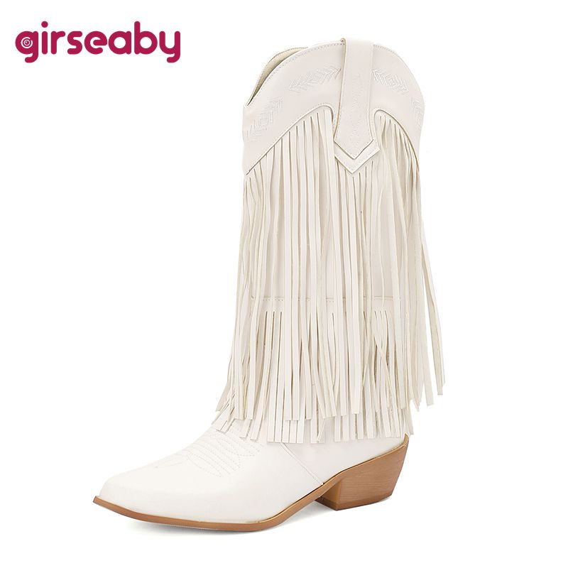 Western Cowgirl Boot - รองเท้าบูทคาวบอยแบบสวม ยี่ห้อ Girseaby แต่งพู่ ปักลาย ไซส์ใหญ่