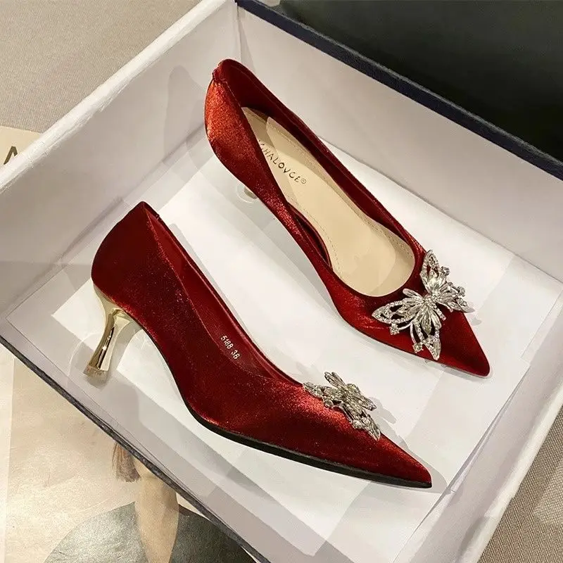Women Shoes Quick Delivery - รองเท้าส้นสูงผู้หญิง สีเบจ ประดับเพชร สไตล์ออฟฟิศ ขายส่ง จัดส่งเร็ว