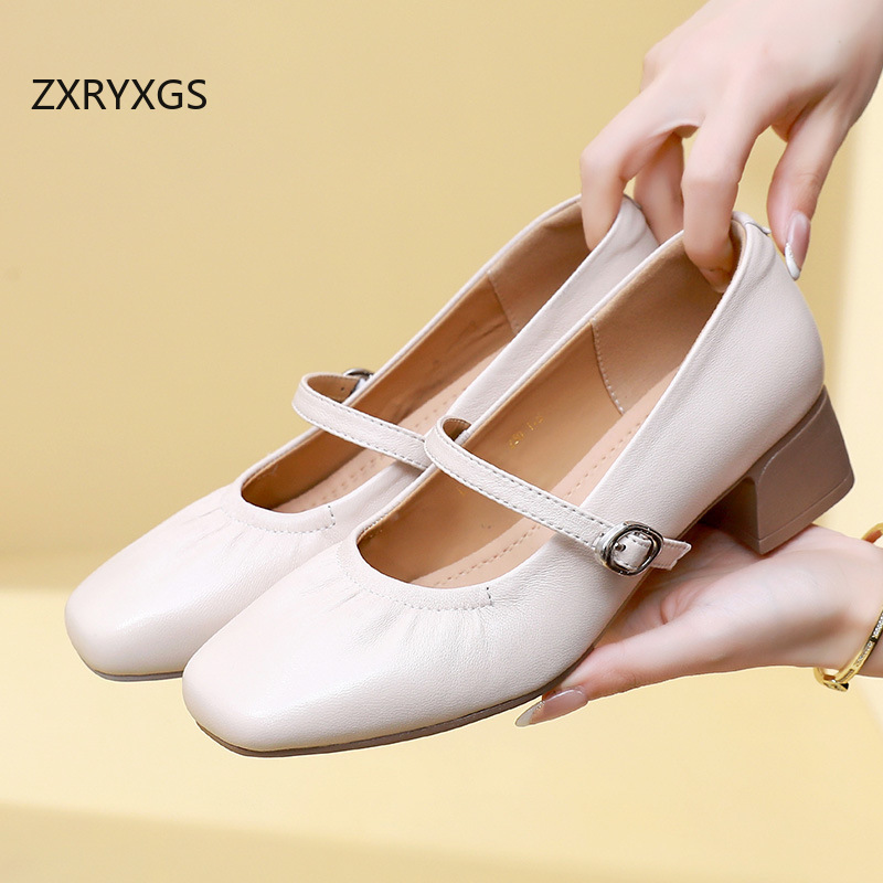 ZXRYXGS รองเท้าส้นหนาหนังแกะทร - Women Shoes Size 4 In Cm บทวิจารณ์และราคา