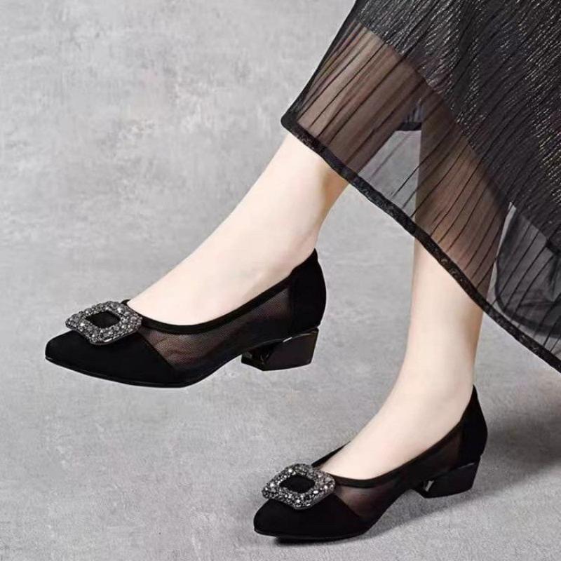 รองเท้าส้นบล็อกหัวแหลมแบบตาข่า - Women Shoes Formal บทวิจารณ์และราคา