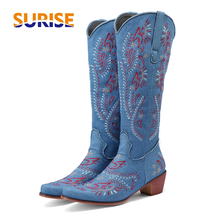 Blue Denim Western Cowgirl เข่ - Western Cowgirl Boot บทวิจารณ์และราคา
